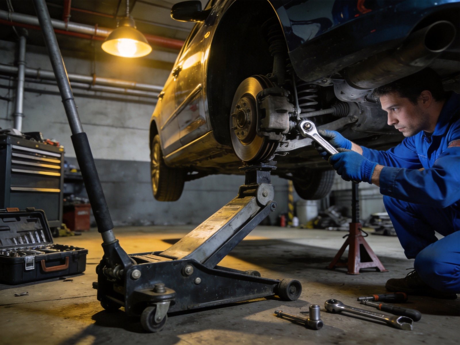 Professional floor jack in garage