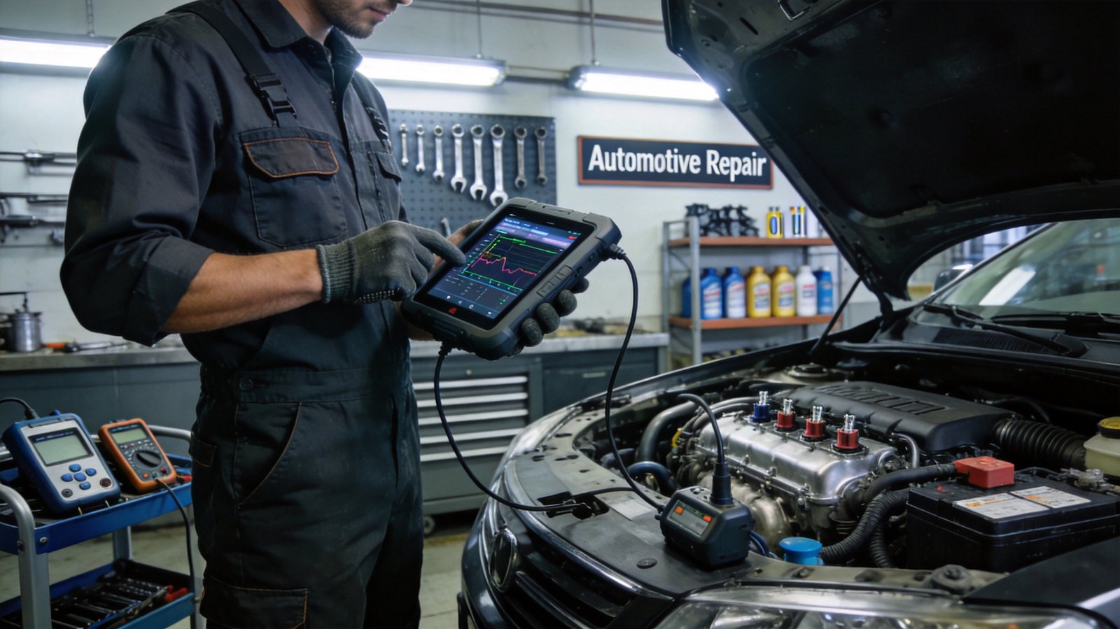 Mechanic diagnosing car with OBD2 scanner
